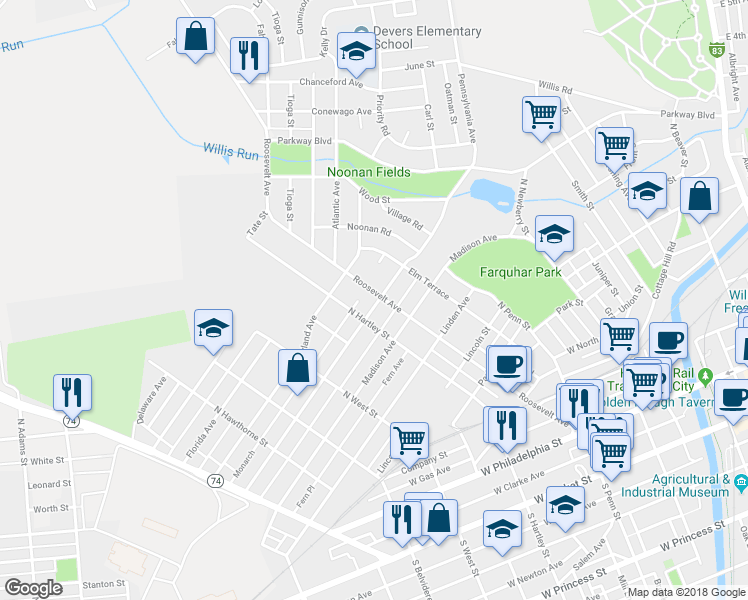map of restaurants, bars, coffee shops, grocery stores, and more near 727 Roosevelt Avenue in York