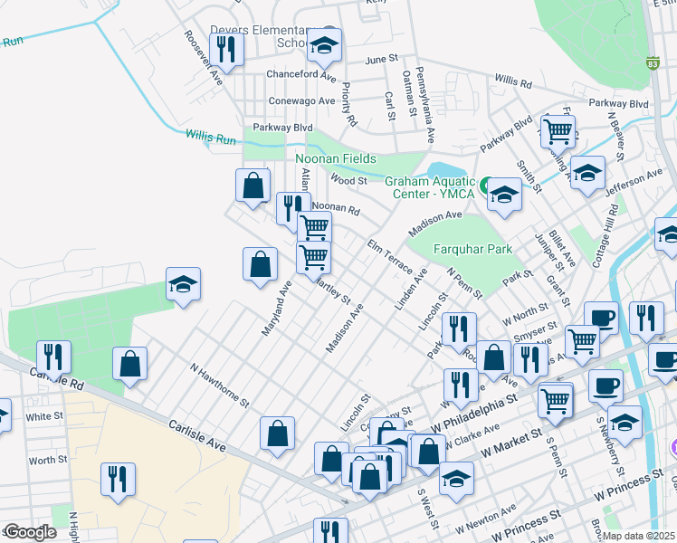 map of restaurants, bars, coffee shops, grocery stores, and more near 727 Roosevelt Avenue in York