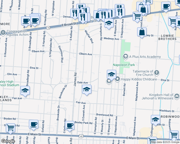 map of restaurants, bars, coffee shops, grocery stores, and more near 294 Mayfair Boulevard in Columbus