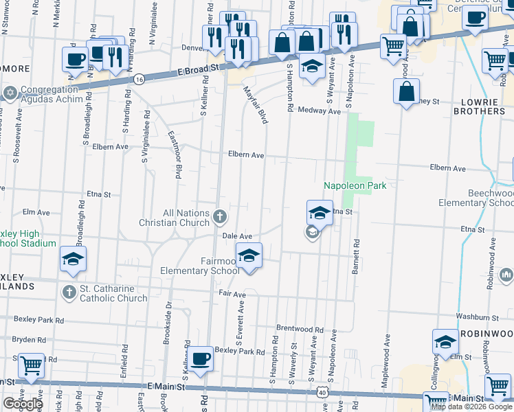 map of restaurants, bars, coffee shops, grocery stores, and more near 294 Mayfair Boulevard in Columbus