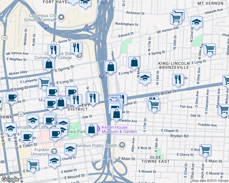 map of restaurants, bars, coffee shops, grocery stores, and more near 65 Hamilton Park in Columbus
