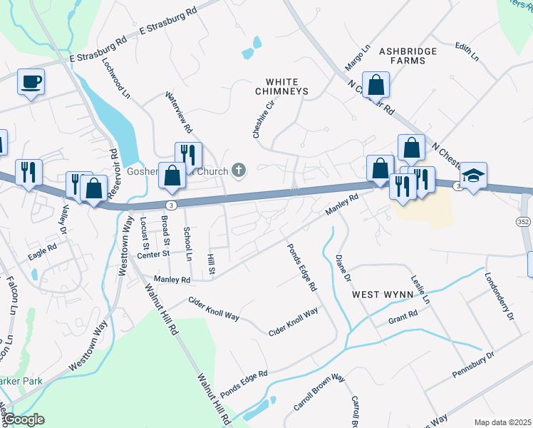 map of restaurants, bars, coffee shops, grocery stores, and more near 252 Summit House in West Chester