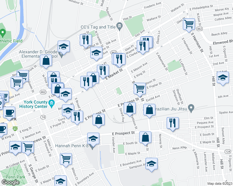 map of restaurants, bars, coffee shops, grocery stores, and more near 119 Stanley Place in York