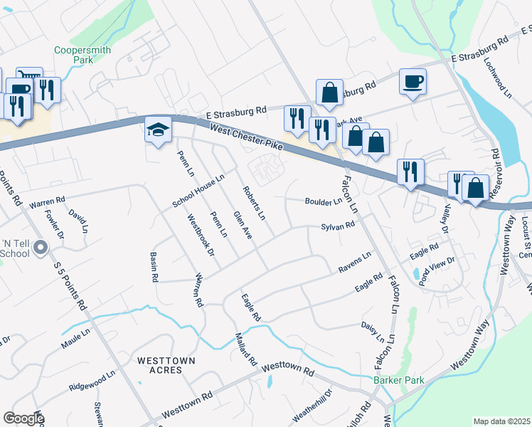map of restaurants, bars, coffee shops, grocery stores, and more near 415 Roberts Lane in West Chester