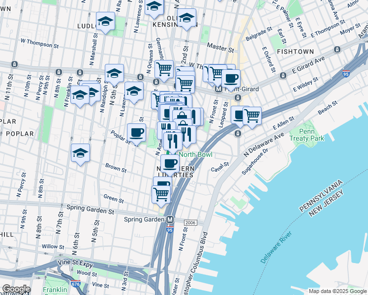 map of restaurants, bars, coffee shops, grocery stores, and more near 138 Pollard Street in Philadelphia