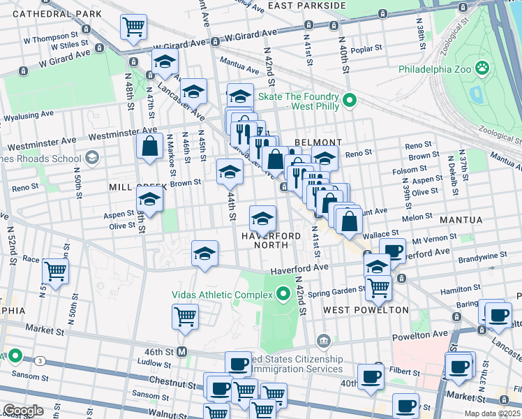 map of restaurants, bars, coffee shops, grocery stores, and more near 727 North 43rd Street in Philadelphia