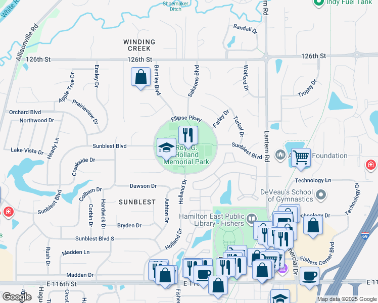 map of restaurants, bars, coffee shops, grocery stores, and more near 1 Park Drive in Fishers