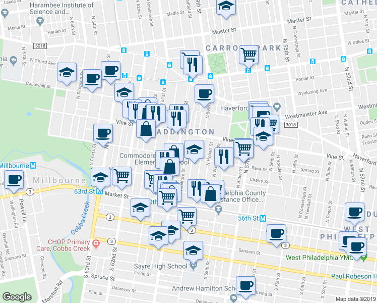 map of restaurants, bars, coffee shops, grocery stores, and more near 5936 Spring Street in Philadelphia