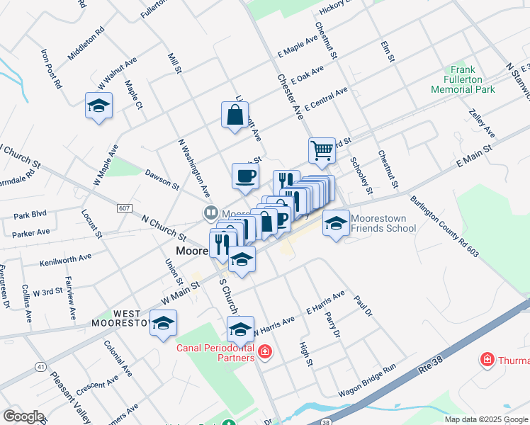 map of restaurants, bars, coffee shops, grocery stores, and more near 15 East 2nd Street in Moorestown