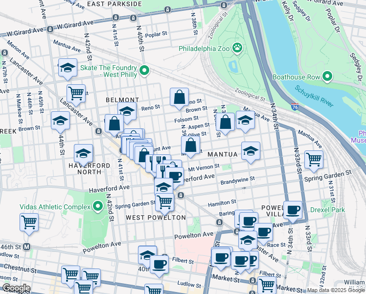 map of restaurants, bars, coffee shops, grocery stores, and more near 676 North 39th Street in Philadelphia