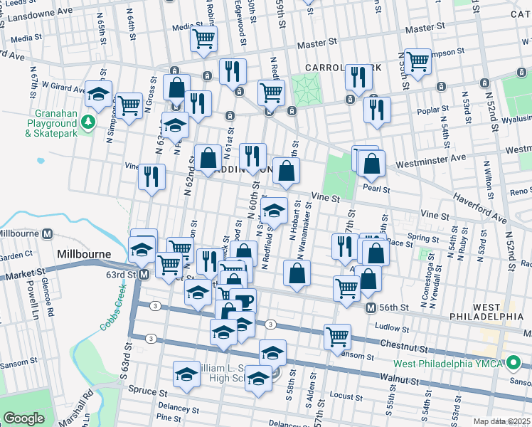 map of restaurants, bars, coffee shops, grocery stores, and more near 5936 Spring Street in Philadelphia