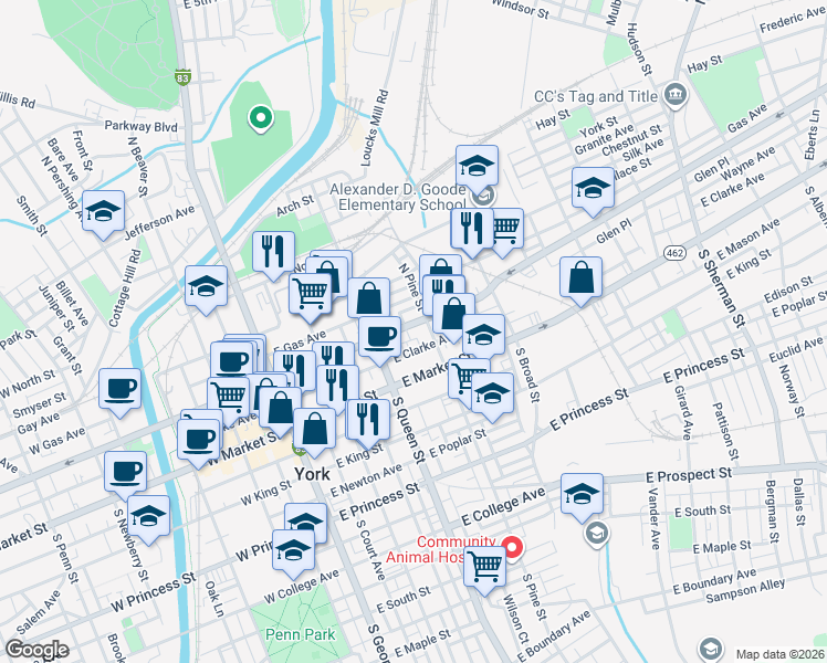 map of restaurants, bars, coffee shops, grocery stores, and more near 238 East Philadelphia Street in York