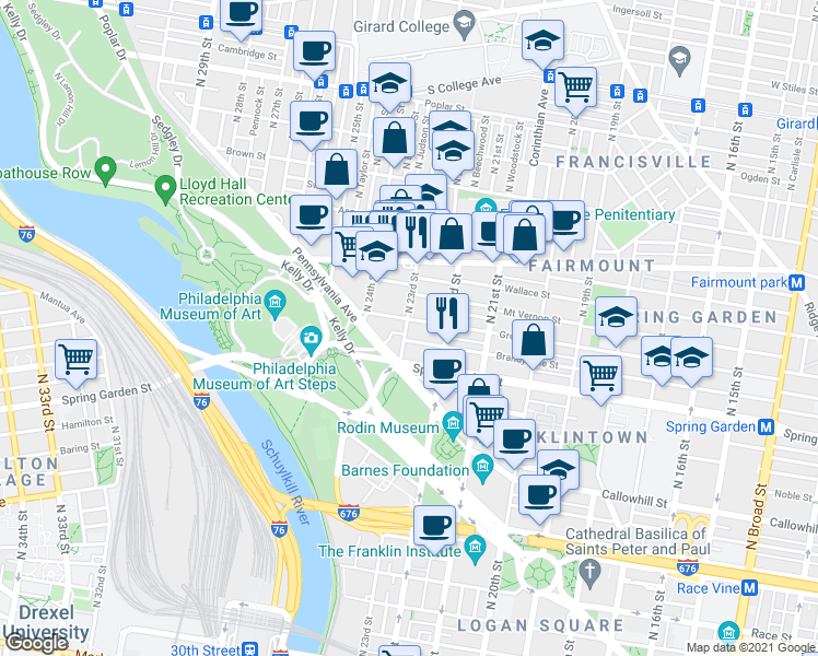 map of restaurants, bars, coffee shops, grocery stores, and more near 2232 Green Street in Philadelphia