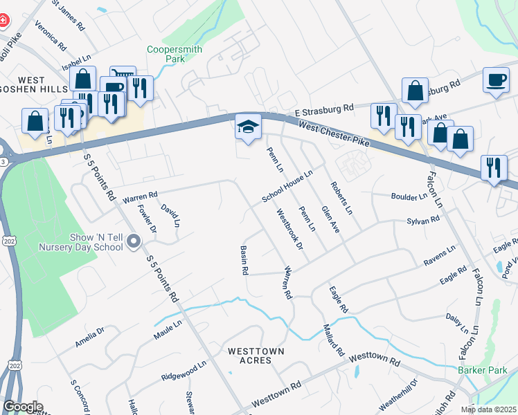 map of restaurants, bars, coffee shops, grocery stores, and more near 1150 School House Lane in West Chester