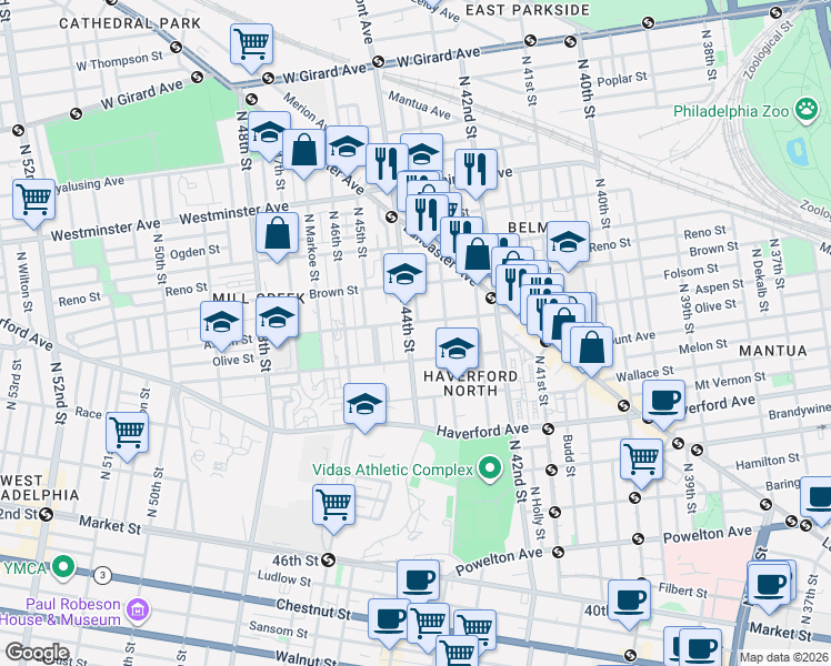 map of restaurants, bars, coffee shops, grocery stores, and more near 4317 Aspen Street in Philadelphia