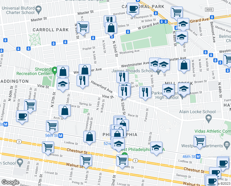 map of restaurants, bars, coffee shops, grocery stores, and more near 300 North Wilton Street in Philadelphia