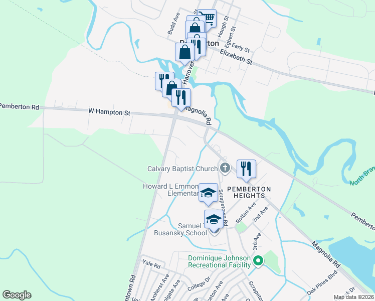 map of restaurants, bars, coffee shops, grocery stores, and more near 2 Magnolia Road in Pemberton