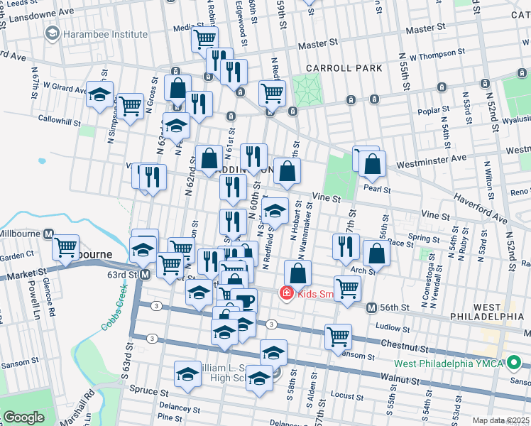 map of restaurants, bars, coffee shops, grocery stores, and more near 5940 Spring Street in Philadelphia