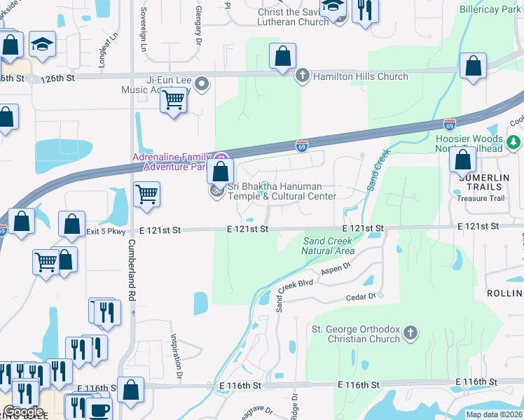 map of restaurants, bars, coffee shops, grocery stores, and more near 10225 Stage Coach Trail in Fishers