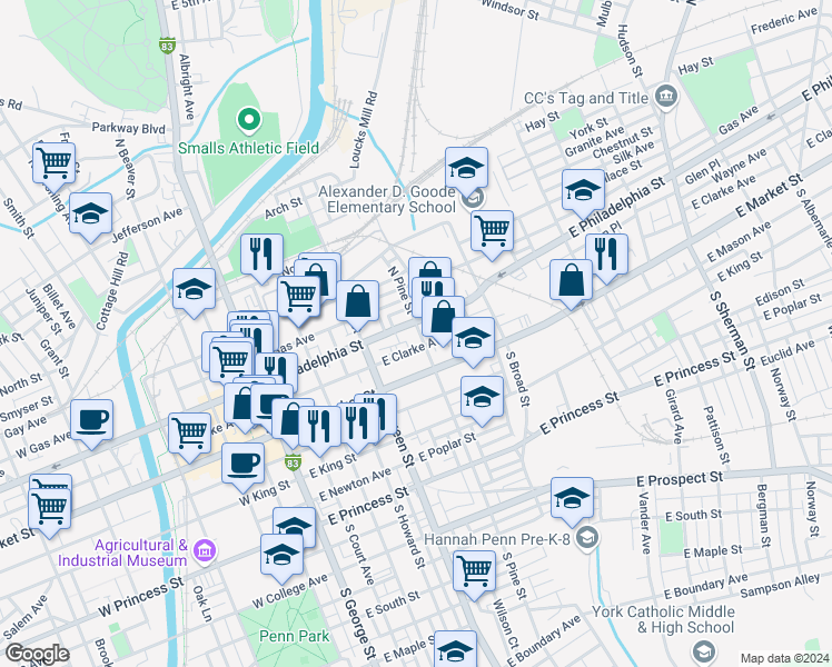map of restaurants, bars, coffee shops, grocery stores, and more near 258 East Philadelphia Street in York