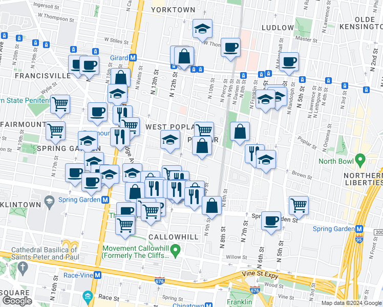 map of restaurants, bars, coffee shops, grocery stores, and more near 1020 Fairmount Avenue in Philadelphia