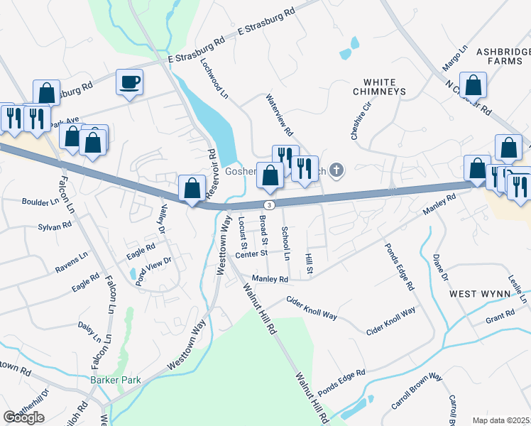 map of restaurants, bars, coffee shops, grocery stores, and more near 1414 Old West Chester Pike in West Chester