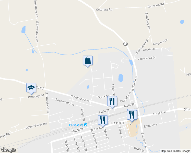 map of restaurants, bars, coffee shops, grocery stores, and more near 493 Washington Avenue in Parkesburg