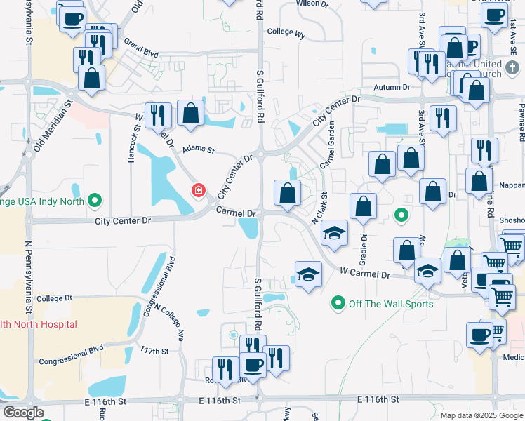 map of restaurants, bars, coffee shops, grocery stores, and more near 700 West Carmel Drive in Carmel
