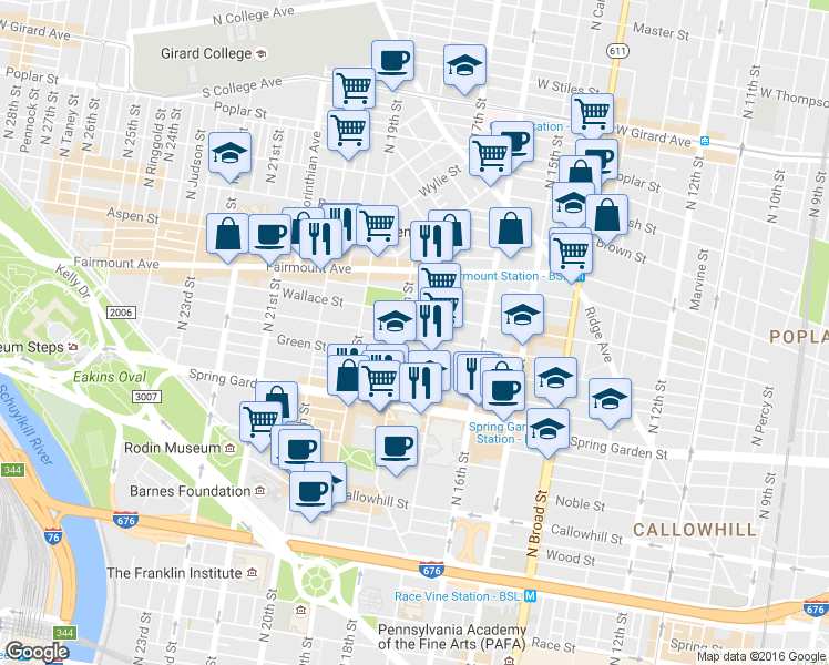 map of restaurants, bars, coffee shops, grocery stores, and more near 1725 Mount Vernon Street in Philadelphia