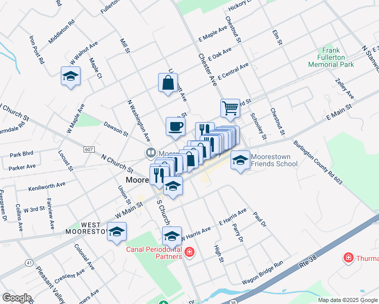 map of restaurants, bars, coffee shops, grocery stores, and more near 15 East 2nd Street in Moorestown