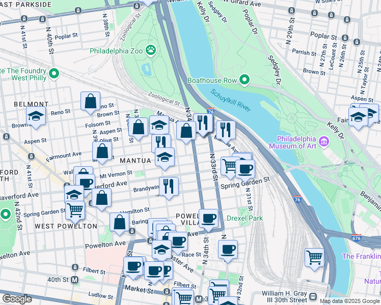 map of restaurants, bars, coffee shops, grocery stores, and more near 3407 Wallace Street in Philadelphia