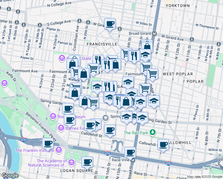 map of restaurants, bars, coffee shops, grocery stores, and more near 609 North 17th Street in Philadelphia