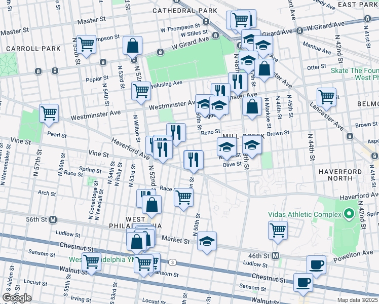 map of restaurants, bars, coffee shops, grocery stores, and more near 459 North Dearborn Street in Philadelphia