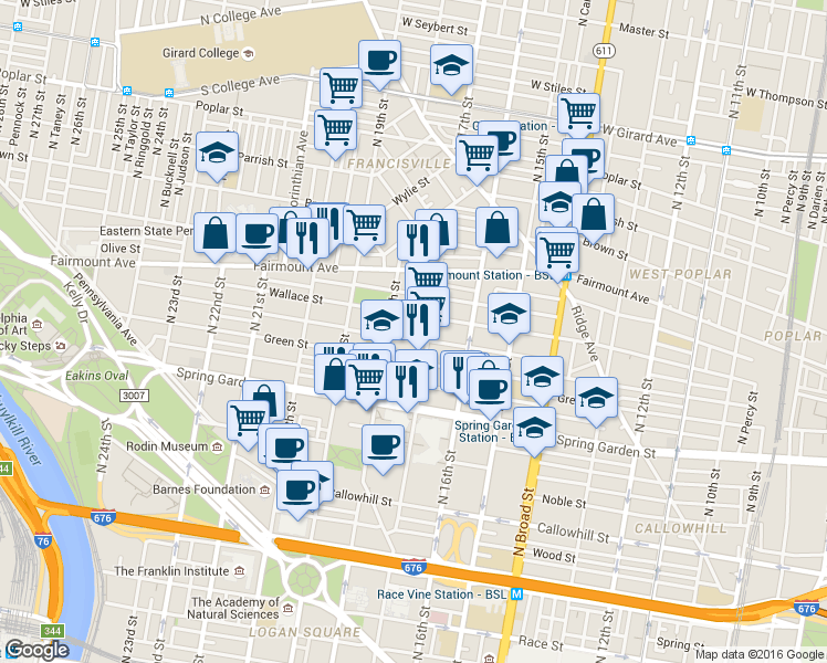 map of restaurants, bars, coffee shops, grocery stores, and more near 1713 Mount Vernon Street in Philadelphia