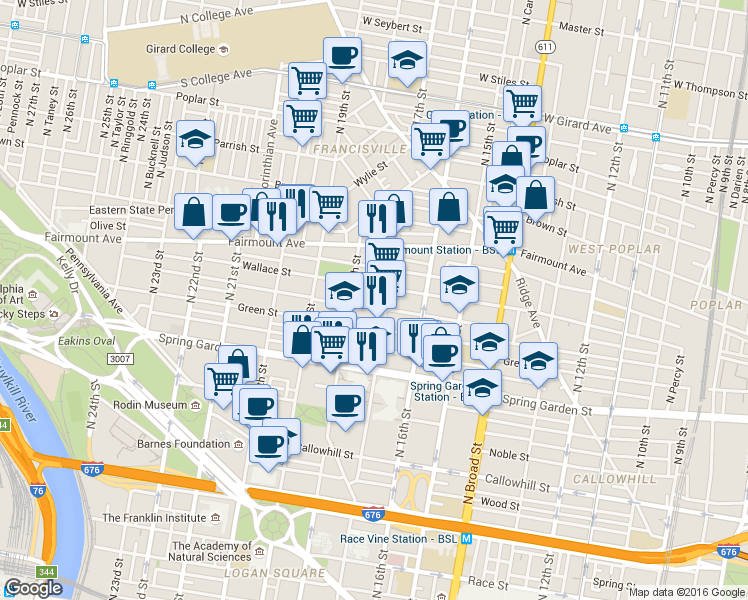 map of restaurants, bars, coffee shops, grocery stores, and more near 1711 Mount Vernon Street in Philadelphia