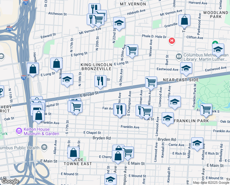 map of restaurants, bars, coffee shops, grocery stores, and more near 1111 East Broad Street in Columbus