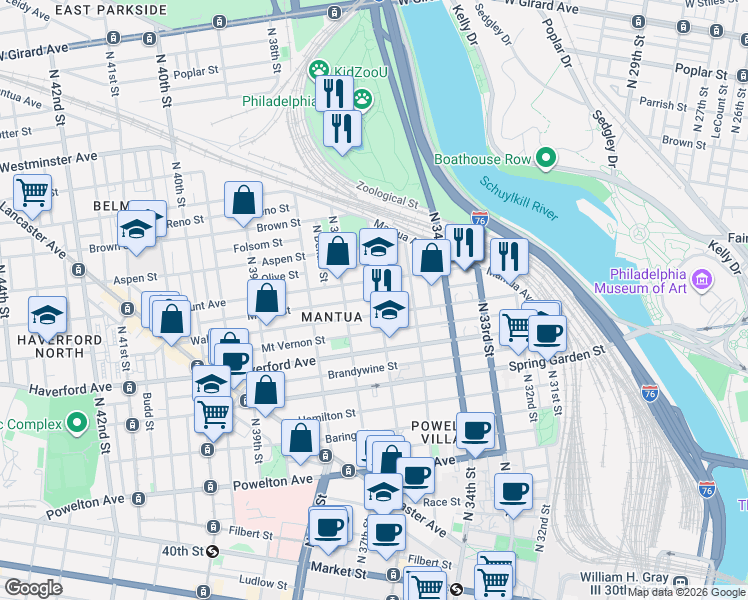map of restaurants, bars, coffee shops, grocery stores, and more near 656 North 36th Street in Philadelphia