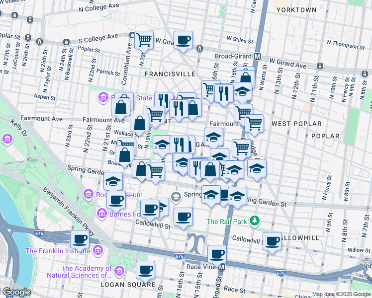 map of restaurants, bars, coffee shops, grocery stores, and more near 609 North 17th Street in Philadelphia