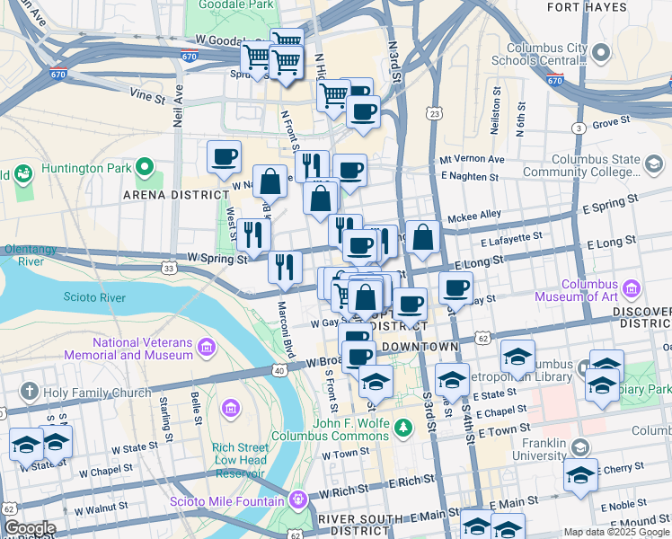 map of restaurants, bars, coffee shops, grocery stores, and more near 161 North Front Street in Columbus