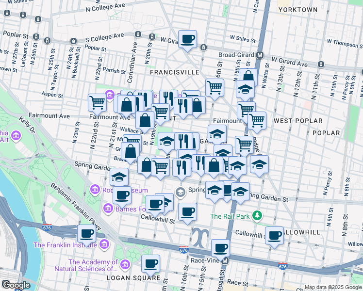 map of restaurants, bars, coffee shops, grocery stores, and more near 1711 Mount Vernon Street in Philadelphia