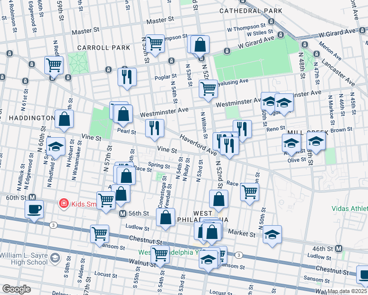 map of restaurants, bars, coffee shops, grocery stores, and more near 309 North 54th Street in Philadelphia