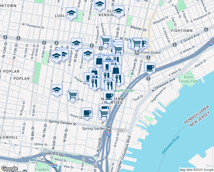 map of restaurants, bars, coffee shops, grocery stores, and more near 957 North American Street in Philadelphia