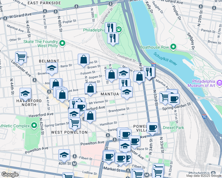 map of restaurants, bars, coffee shops, grocery stores, and more near 3711 Melon Street in Philadelphia