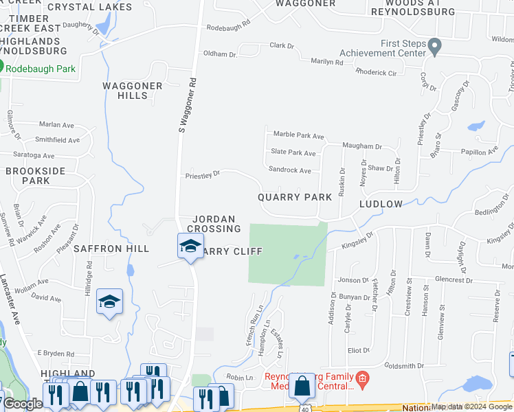 map of restaurants, bars, coffee shops, grocery stores, and more near 7891 Priestley Drive in Reynoldsburg