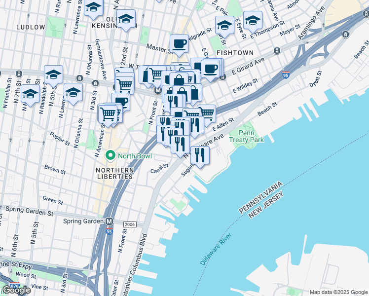 map of restaurants, bars, coffee shops, grocery stores, and more near 112 East Allen Street in Philadelphia