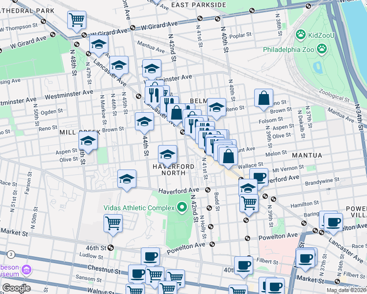 map of restaurants, bars, coffee shops, grocery stores, and more near 4128 Lancaster Avenue in Philadelphia