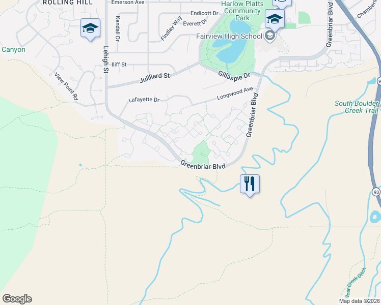 map of restaurants, bars, coffee shops, grocery stores, and more near 3212 Cripple Creek Trail in Boulder