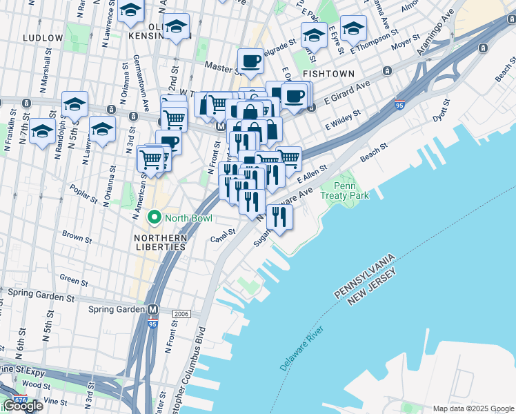 map of restaurants, bars, coffee shops, grocery stores, and more near 136 Melvale Street in Philadelphia