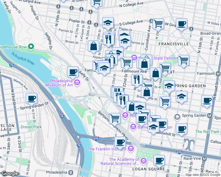 map of restaurants, bars, coffee shops, grocery stores, and more near 2229 Green Street in Philadelphia