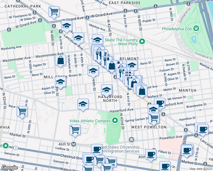 map of restaurants, bars, coffee shops, grocery stores, and more near 729 North 43rd Street in Philadelphia